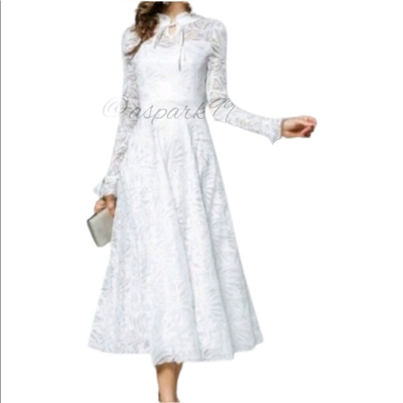 White Abstract Sheer Overlay Fit and Flare Dress - Picture 2 of 3